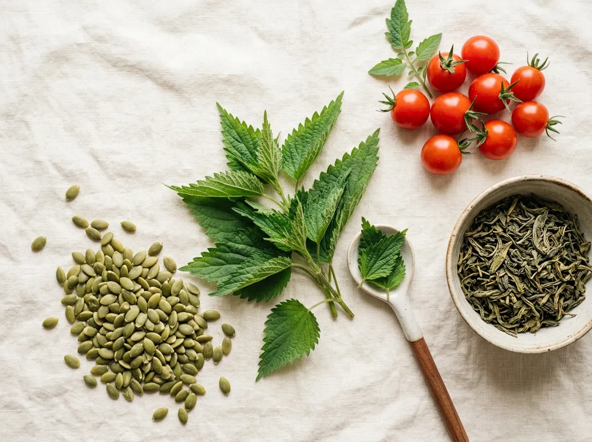 Plantaardige ingrediënten: pompoenpitten, brandnetelblad, kleine rode tomaten