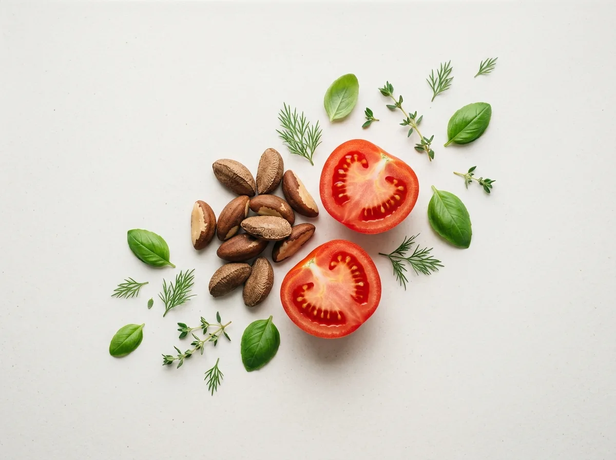 Selenium-rijke paranoten en verse tomatenhalven, bovenaanzicht, clean food styling